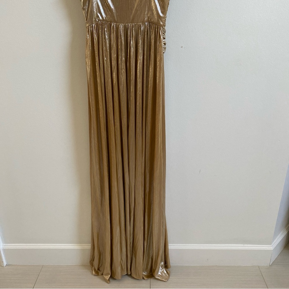 Retrofete Doss Dress Gold Metallic Ruched V-Neck Gown with Thigh Slit - Picture 9 of 10